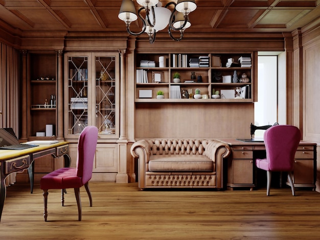 Een houten kantoorkast in klassieke stijl met dressoirkasten met interieur en een bureau met een zachtroze stoel. 3D-weergave.