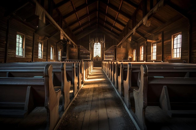 Foto een houten kerk met een licht aan het plafond