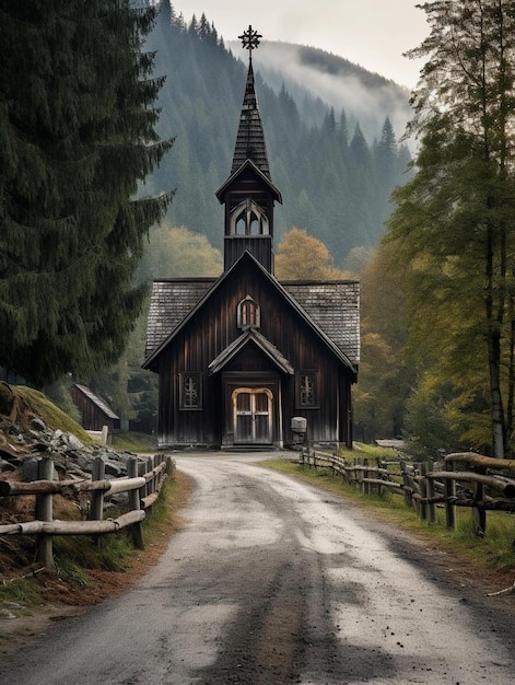 Foto een houten kerk met een toring en een toring met een toren.