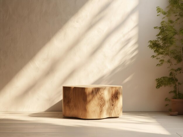 Een houten kist in een kamer met een boom aan de muur