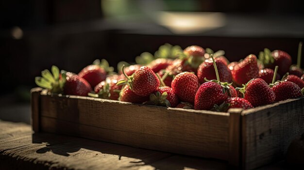 Een houten kist met aardbeien waarop de zon schijnt.