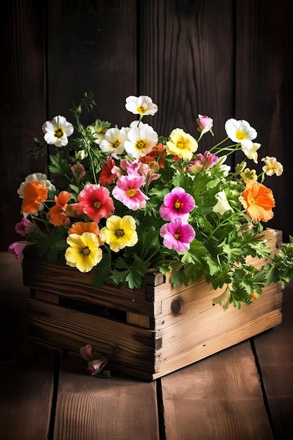 Een houten kist met bloemen erin