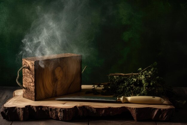 Een houten kist met een mes en een groene achtergrond waar rook uit komt.