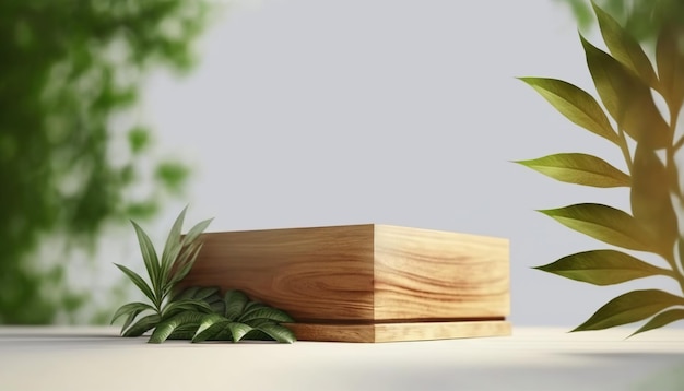 Een houten kist met een plant op de achtergrond.
