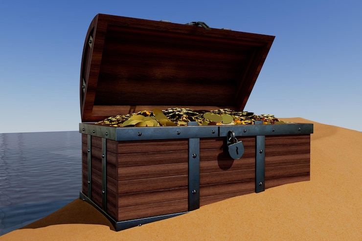 Foto een houten kist met gouden munten erin zit op een zandstrand