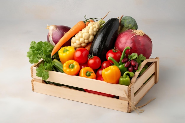 Een houten kist met groenten met op de bodem het woord biologisch.