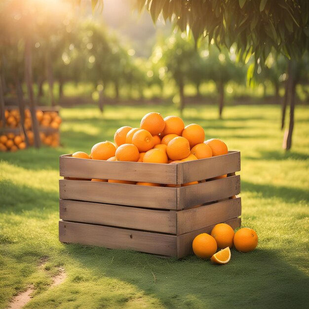 een houten kist met sinaasappels op de achtergrond