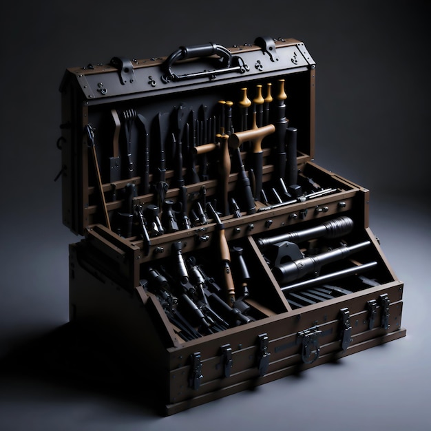 Een houten kist met verschillende wapens erin.