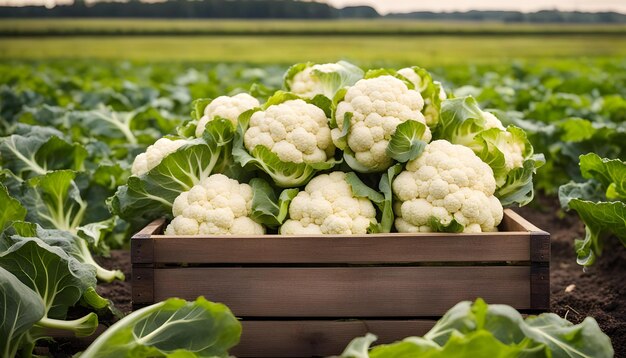 Foto een houten kist vol bloemkool zit vol broccoli.