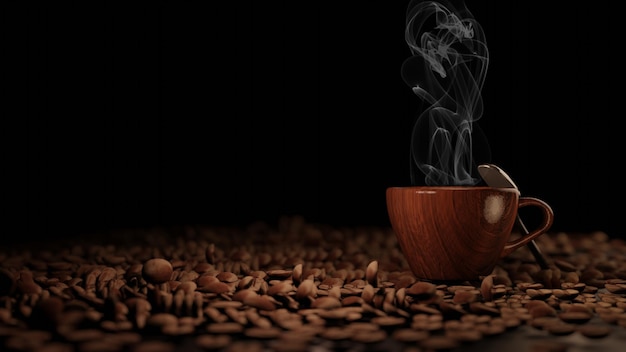 Een houten koffiekopje met witte hete stoom op een stapel koffiebonen op een tafel 3D Rendering