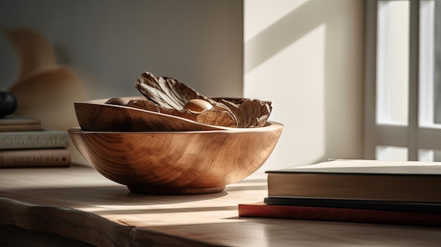 Een houten kom en een boek op een tafel met een boek op tafel.