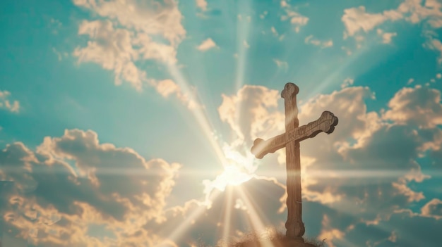 Een houten kruis tegen een blauwe hemel met wolken en zonlicht