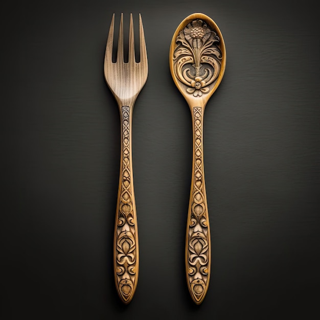 Een houten lepel- en vorkset met ingewikkelde patronen op de handgrepen