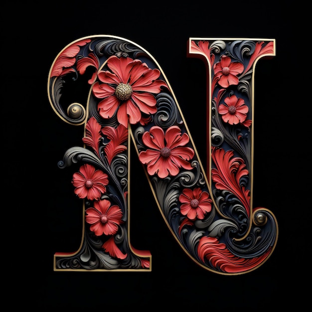 Foto een houten letter n met rode bloemen en kralen op donkere achtergrond