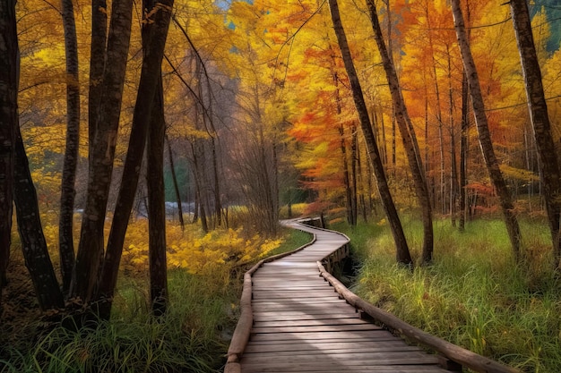 een houten loopbrug in het bos met herfstbladeren en gele bladeren aan de bomen erachter foto door steve gardin