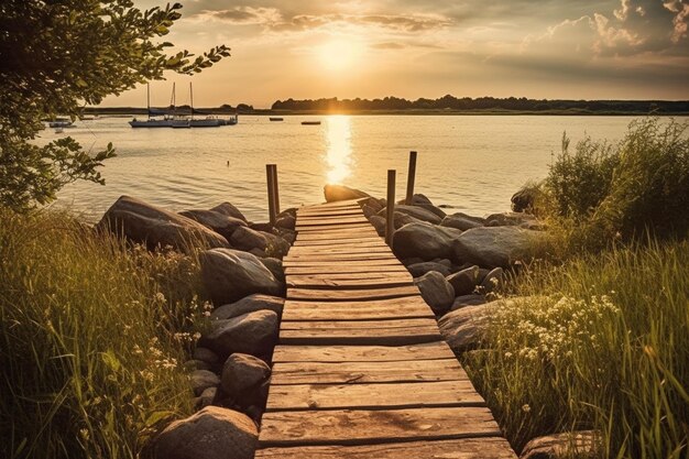 Foto een houten loopbrug leidt naar een meer met een zonsondergang op de achtergrond.