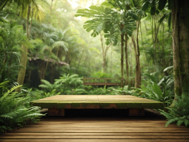 een houten pad in de jungle met een houten loopbrug en een houten wandelingspad