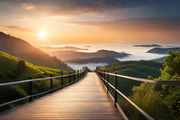 Een houten pad leidt naar een berglandschap met op de achtergrond een zonsondergang.