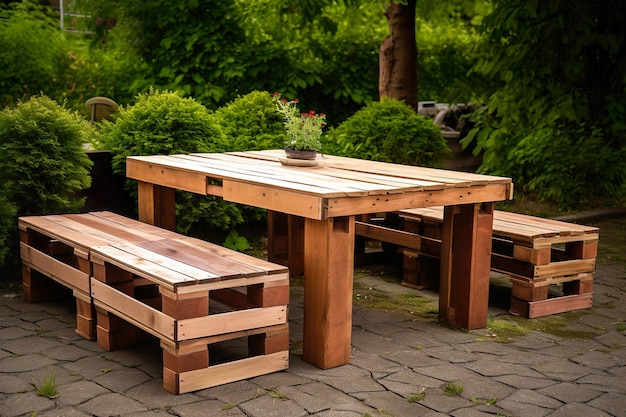 Een houten picknicktafel met een bankje en banken op de achtergrond