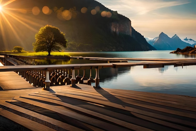 Foto een houten pier met een boom op de voorgrond en een berg op de achtergrond.