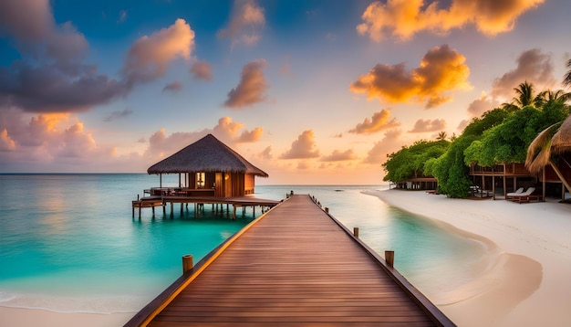 een houten pier met een tropisch eiland op de achtergrond