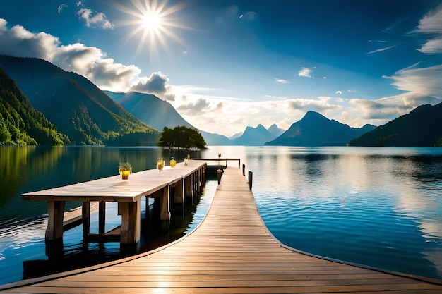 Een houten pier met een zonnestraal erop