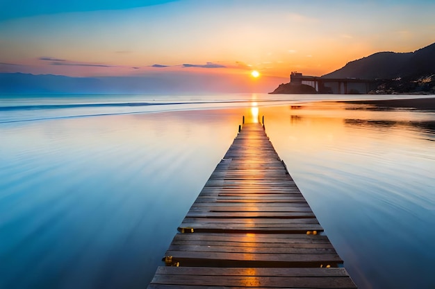 een houten pier met een zonsondergang op de achtergrond