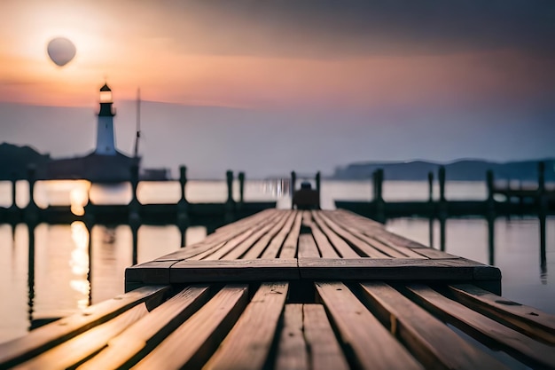 Een houten pier met een zonsondergang op de achtergrond