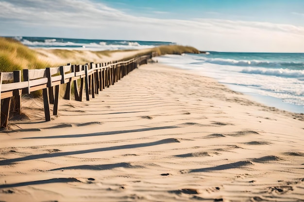 Een houten pier op een strand met de oceaan op de achtergrond