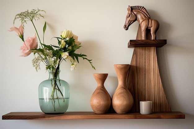 Een houten plank bevat een vaas, een houten paardendecoratie en kaarsen voor interieurdecoratie