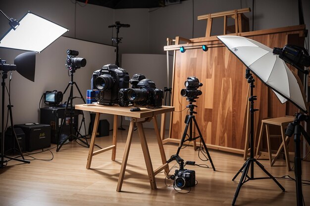 Een houten plank in een fotostudio met professionele camera's en apparatuur