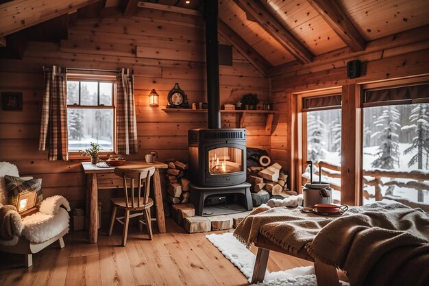Een houten plank in een gezellige winterhut.