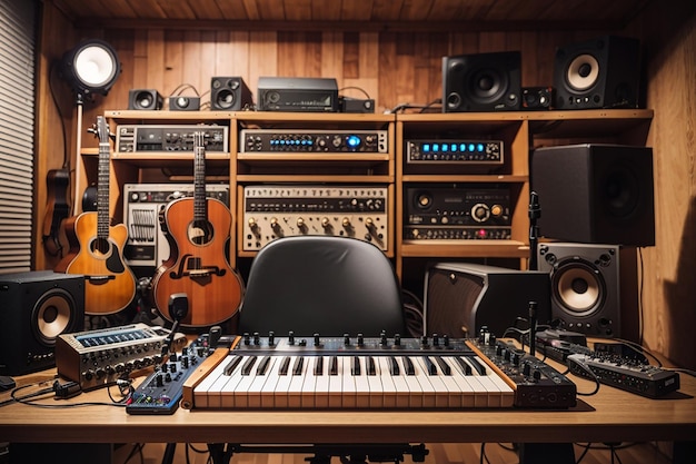 Een houten plank in een muziekstudio met instrumenten en opnametoestellen