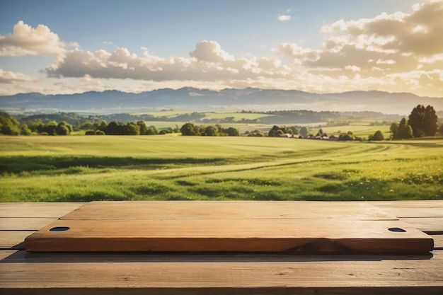 Een houten plank in een serene landelijke omgeving