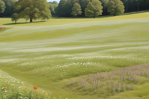 Een houten plank in een zonovergoten veld van wilde bloemen