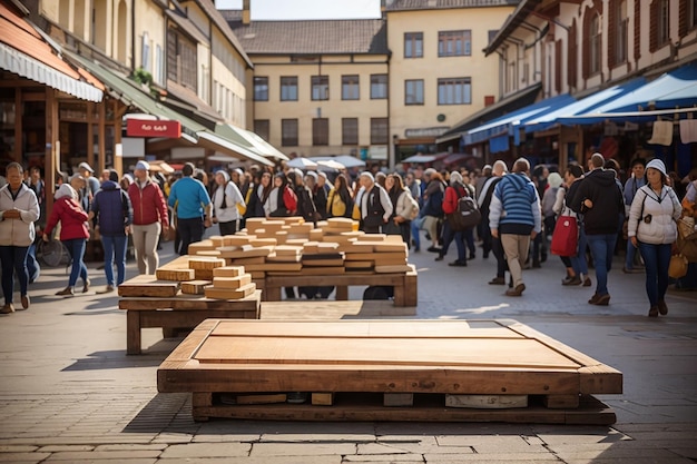 Een houten plank in het midden van een drukke marktplein