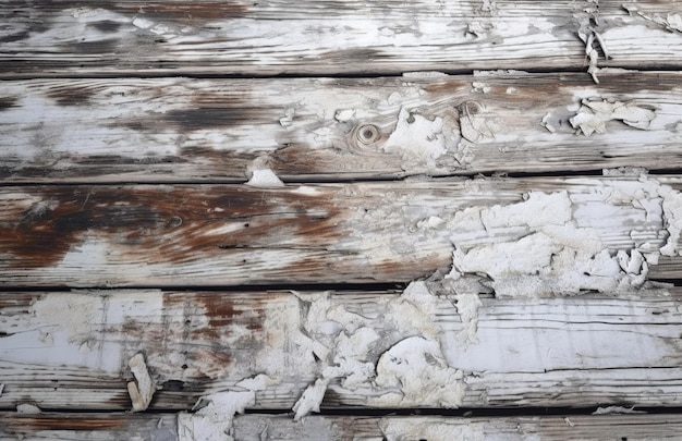 Een houten plank met afbladderende verf en een witte verf erop.