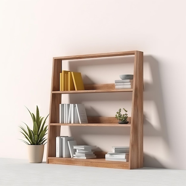 Een houten plank met boeken en een plant erop