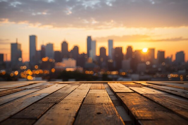 Een houten plank met een afgebroken skyline van de stad bij zonsondergang