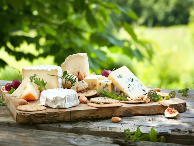 Een houten plank met een verscheidenheid aan kazen en crackers erop