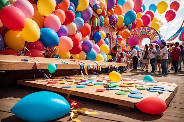 Een houten plank omringd door kleurrijke ballonnen in een carnaval