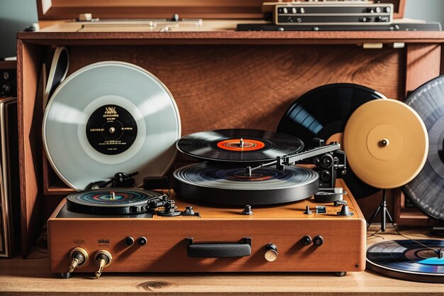 Foto een houten plank omringd door vintage platenspelers en vinylplaten