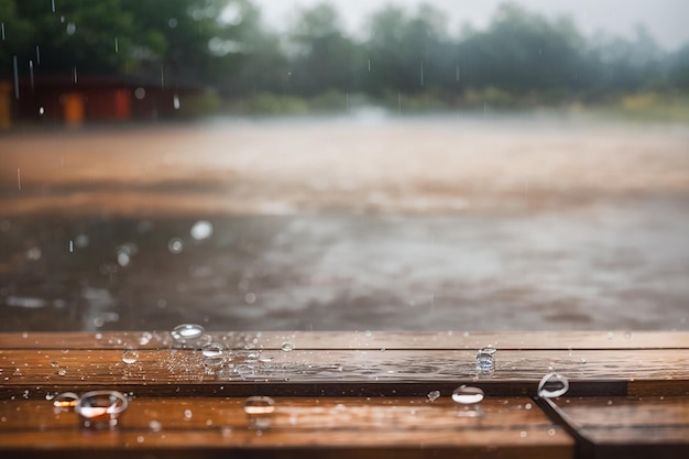Een houten plank op een regenachtige dag met wazige waterdruppels op de achtergrond