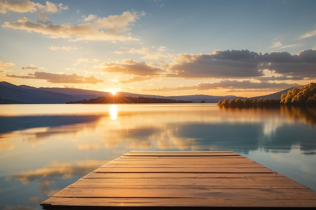 Foto een houten plank tegen de achtergrond van een rustig meer bij zonsondergang