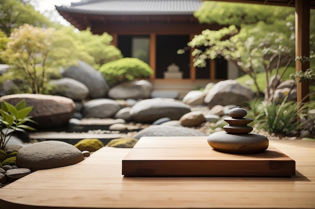 Een houten plank tegen een serene zen tuin