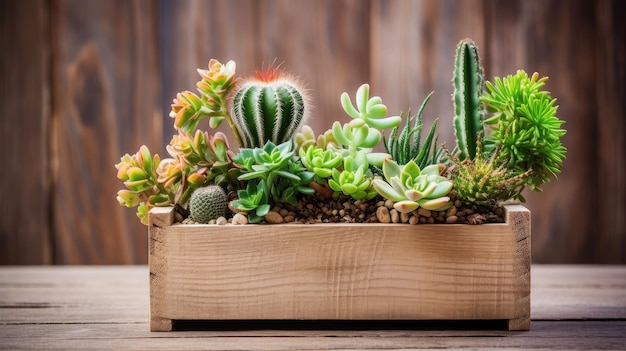 Een houten plantenbak met diverse vetplanten.