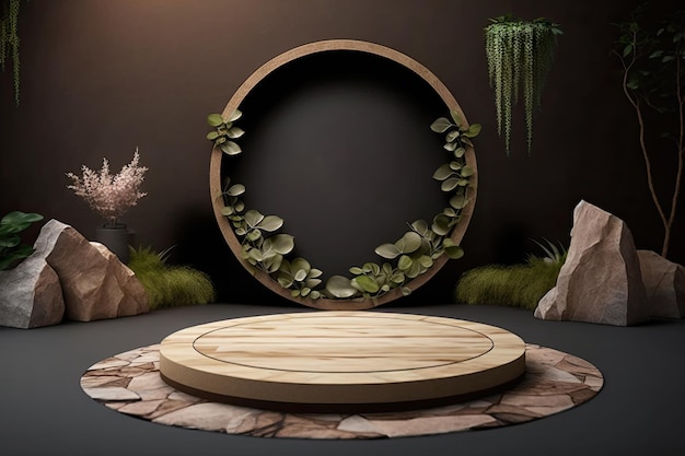 Een houten Podium met bloemen voor productvisualisatie