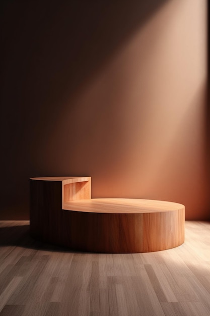 Een houten podium met een licht dat op de muur schijnt