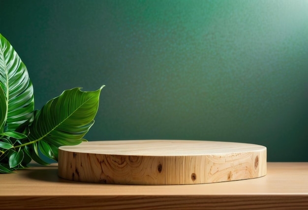 Een houten productdisplay podium voor cosmetische mockup versierd met groene bladeren voor toegevoegde natuurlijke