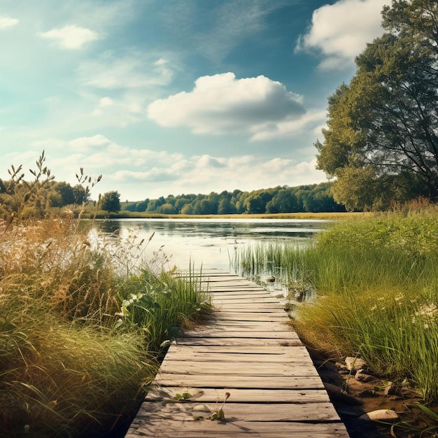 Een houten promenade leidt naar een meer met gras en bomen op de achtergrond.